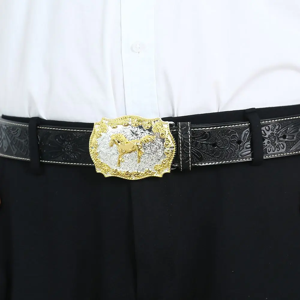 

Western Denim Zinc Alloy Two-Tone Animal Style With Vintage Pattern Leather Belt Buckle For Men