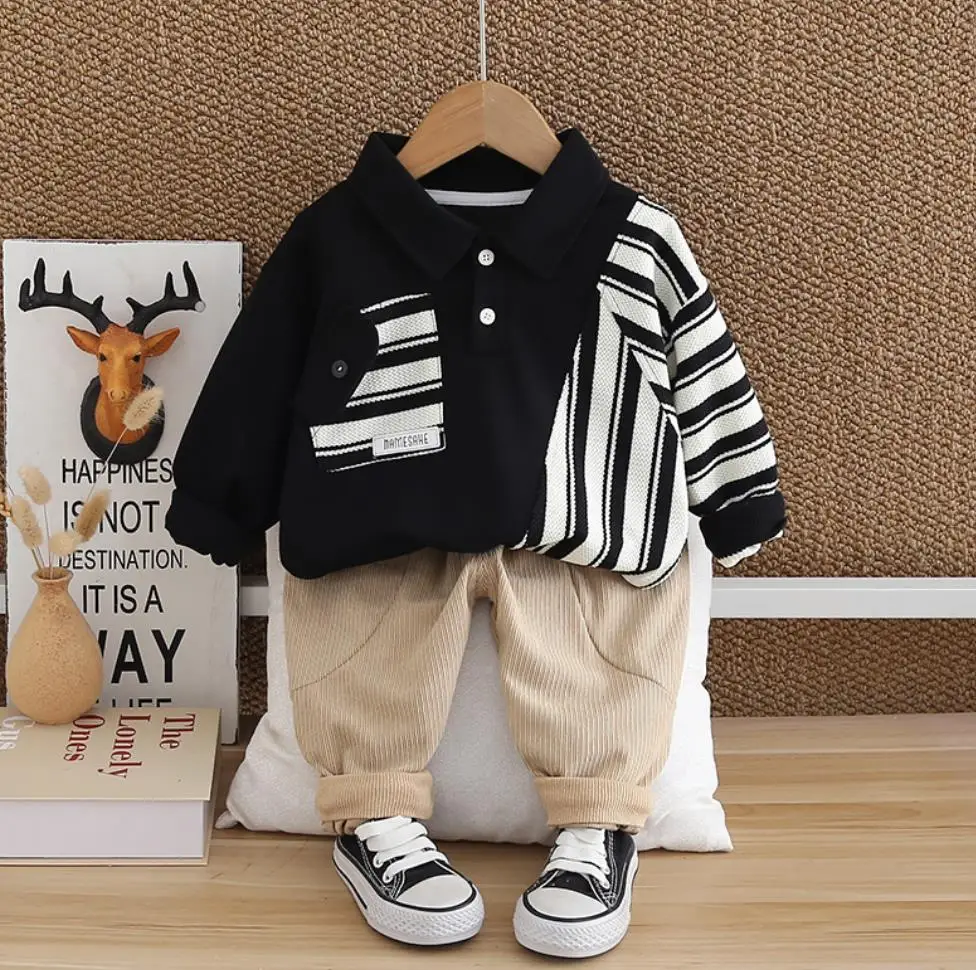 Toddler Kids Boys Clothes Spring Autumn Baby Sets Patchwork Vertical Stripes Turn-down Collar T-shirts+Pants 2Pcs Children Suits