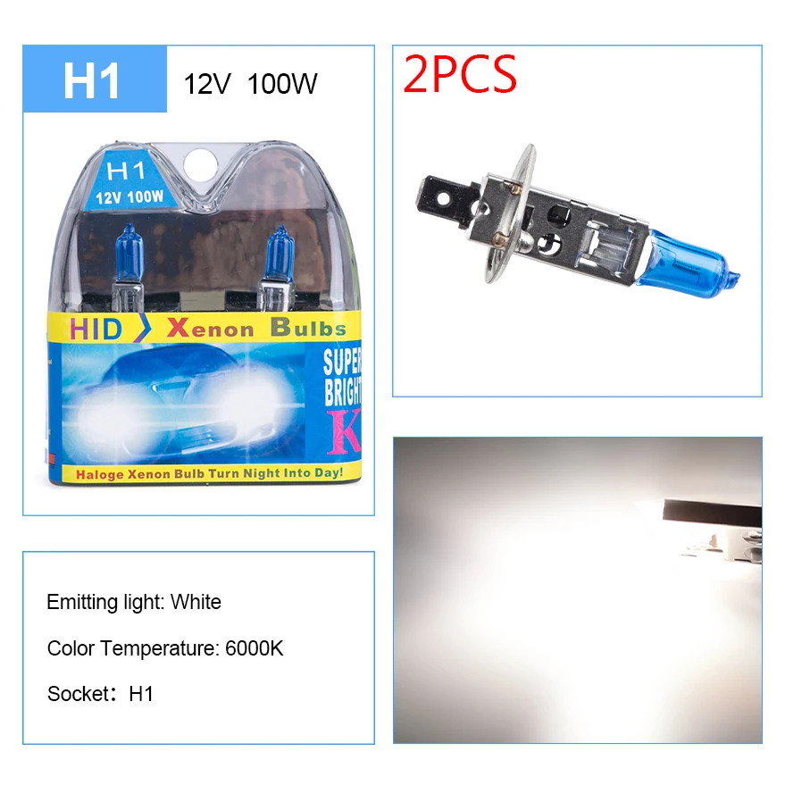 ADPOW 2PCS H1 12V Standard Super White Halogen Lamp 6000K Headlight Auto Fog Lamp 55W 100W Car Halogen Bulb Light Bulbs For Cars