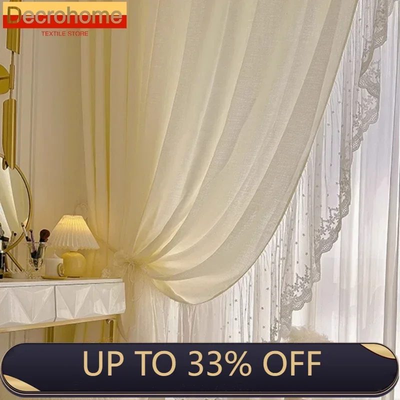 

Lace Embroidered Screen Curtains for Living Room Bedroom Cream Beige Tulle Chiffon Ruffles Window Balcony Curtains Customize
