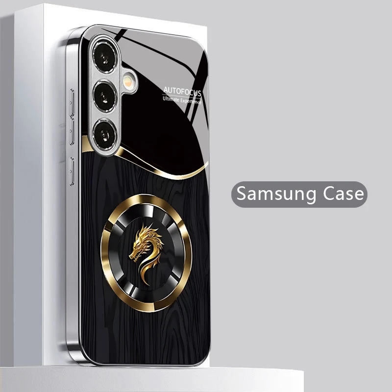 2D Dragon Black Gold Pattern Mobile Phone Case for Samsung S26 S25 S24 S23 S22 S21 S20 A56 A36 A16 - Glass Protective Cover view 2