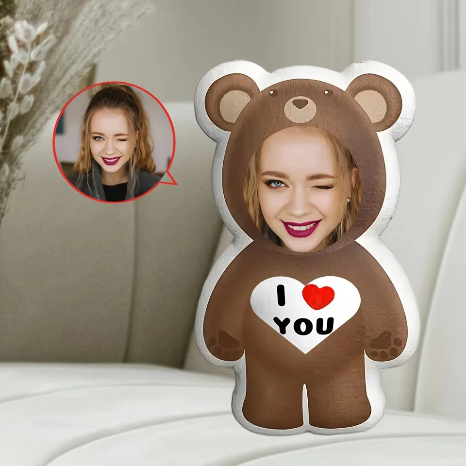 Customized Photo Bear Pillow Personalized 'I Love You' Facial Plush Ideal Gift for Loved Ones. Soft