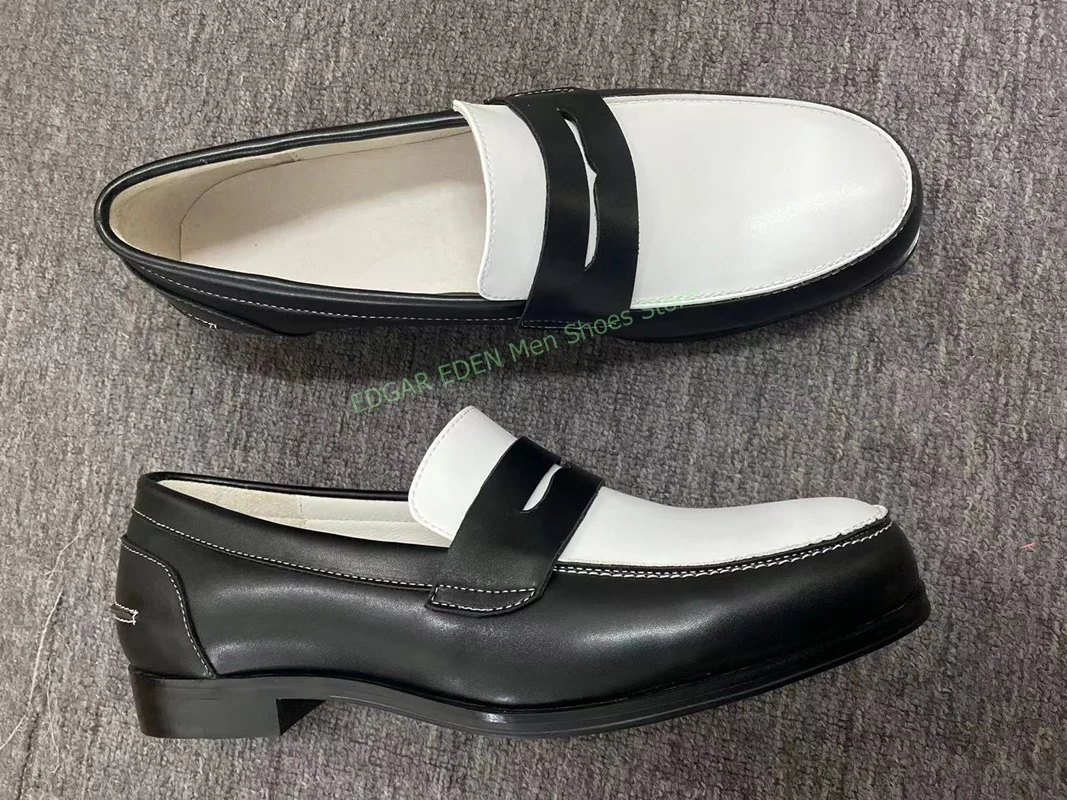 Classic Black White Designer Men\'s Single Genuine Leather Shoes Round Toe Comfortable Slip On Male Party Casual Single Shoes