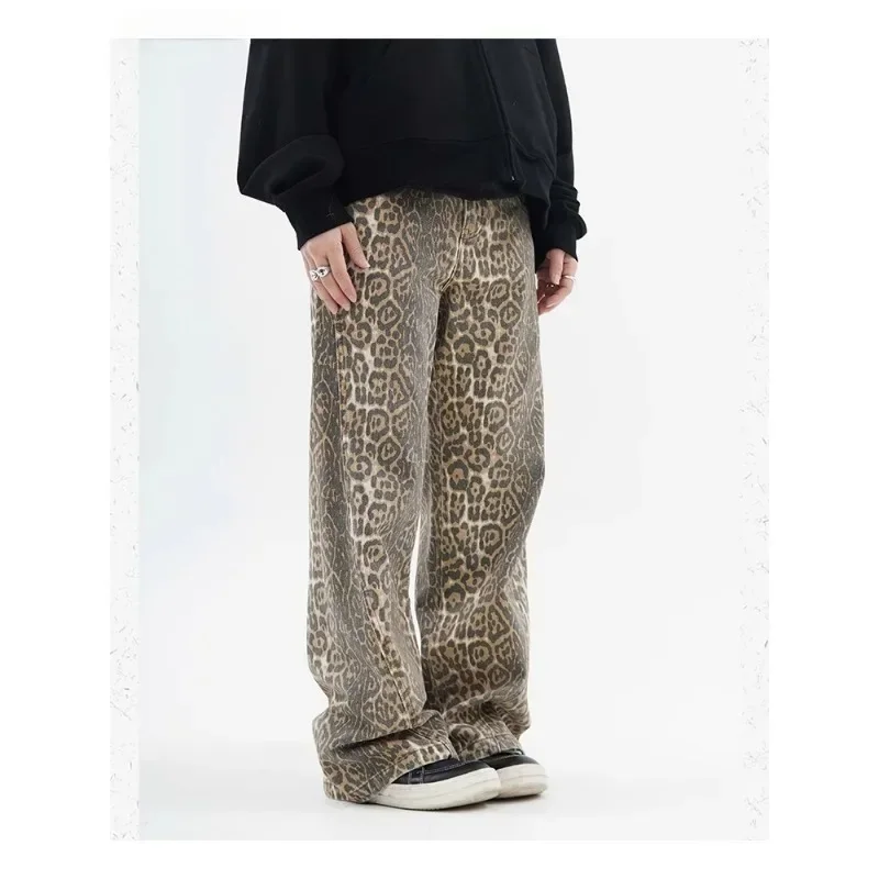 Vintage Leopard Print Jeans Women Spring Oversize Casual Hip Pop Wide Leg Trouser Trend High Waist Panther Denim Pants Ladies