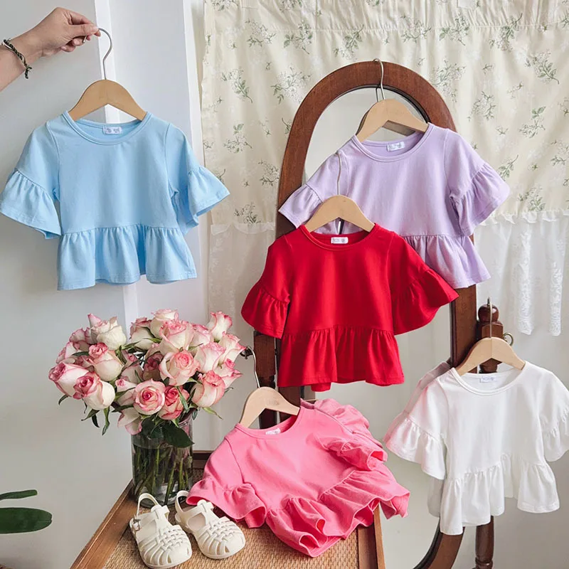 

Korean version of girls flying sleeve lotus leaf shirt 2024 new summer children's short-sleeved style blouse girl baby shirt