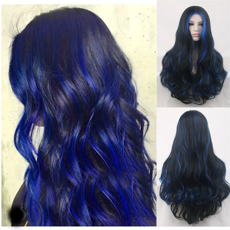 

Double color women's blue and black wig middle part full head chemical fiber high temperature silk long curls