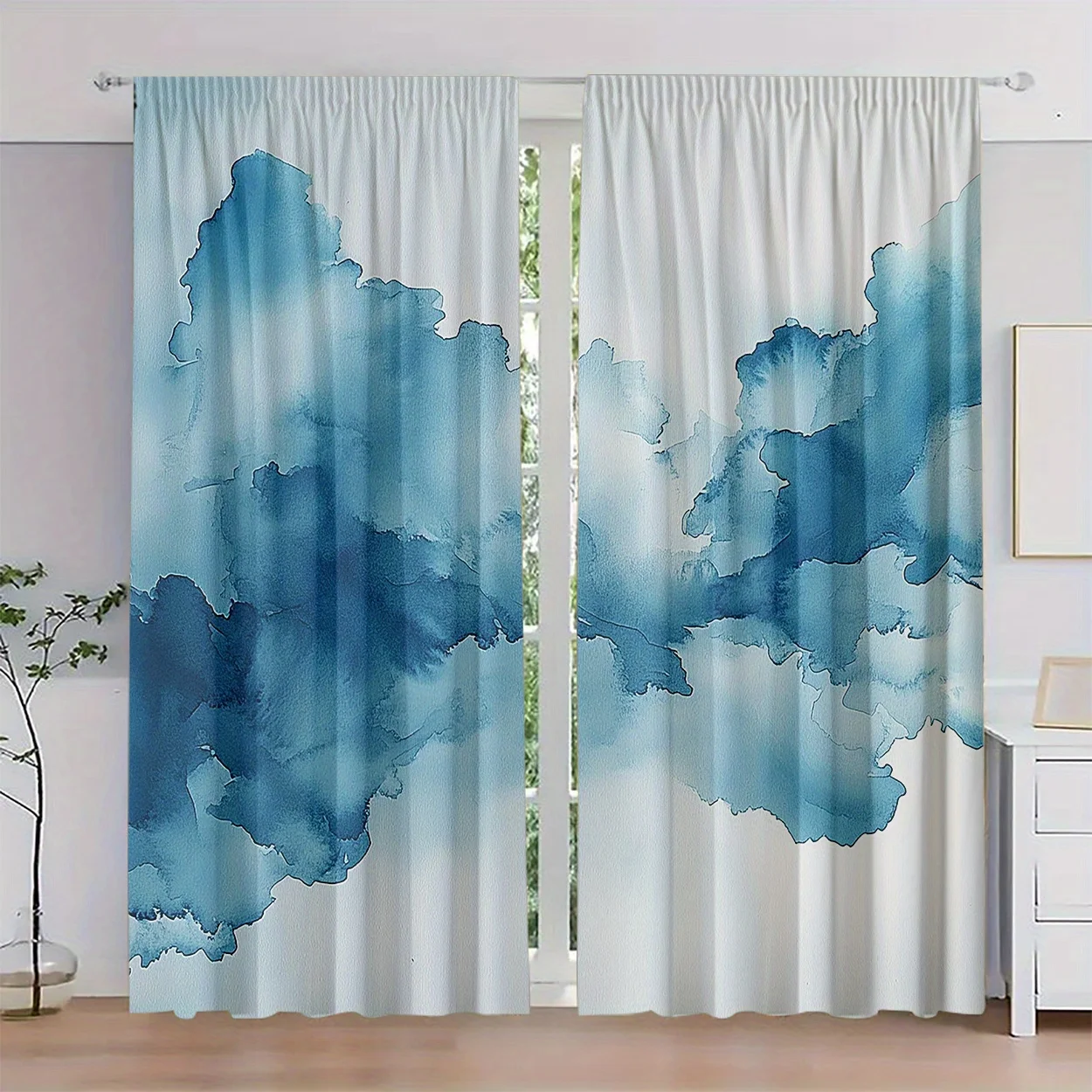 2pcs Art Deco Blue Ink Painting Print Light-Filtering Curtains, Polyester Peach Skin Velvet, Machine Washable, Fade Resistant,