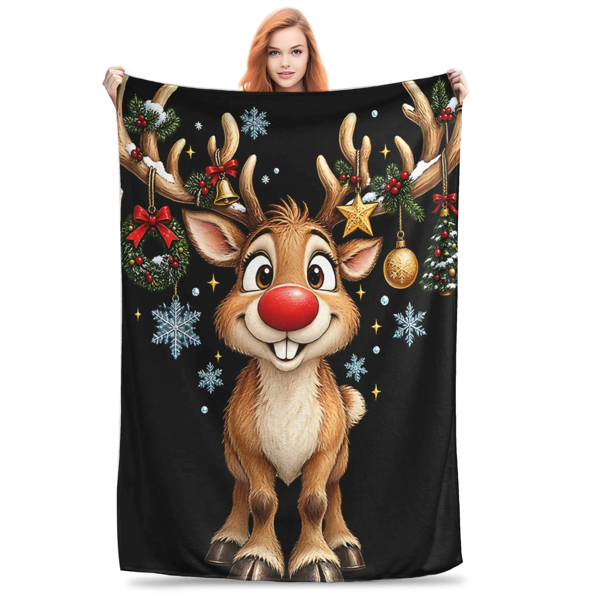 1PC Home Cutecore Room Decor Christmas Reindeer With Ornament Antlers Blanket Throw Blanket  Novelty Warm Blanket All Season