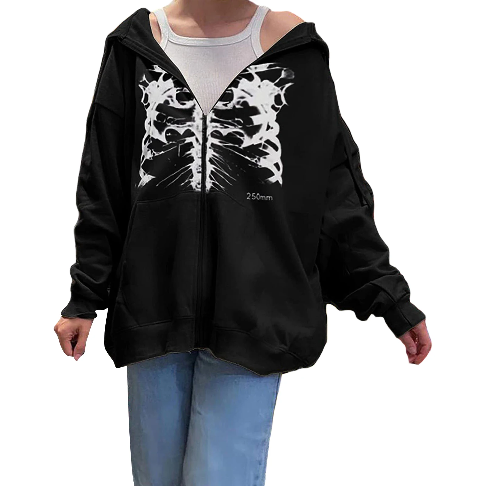 

Women's Casual Hooded Coat Long Sleeve Skeleton Print Loose Zip Up Hoodies Fall Streetwear Halloween Clothes