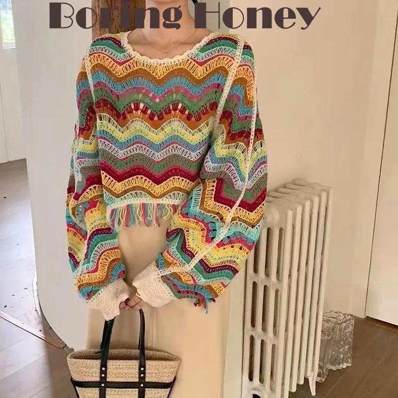 

Boring Honey Fashion Korean Version Hollow Chic Bat Sleeve Sweater Autumn Retro Wavy Striped T-Shirt Women's Loose Knit Blouse
