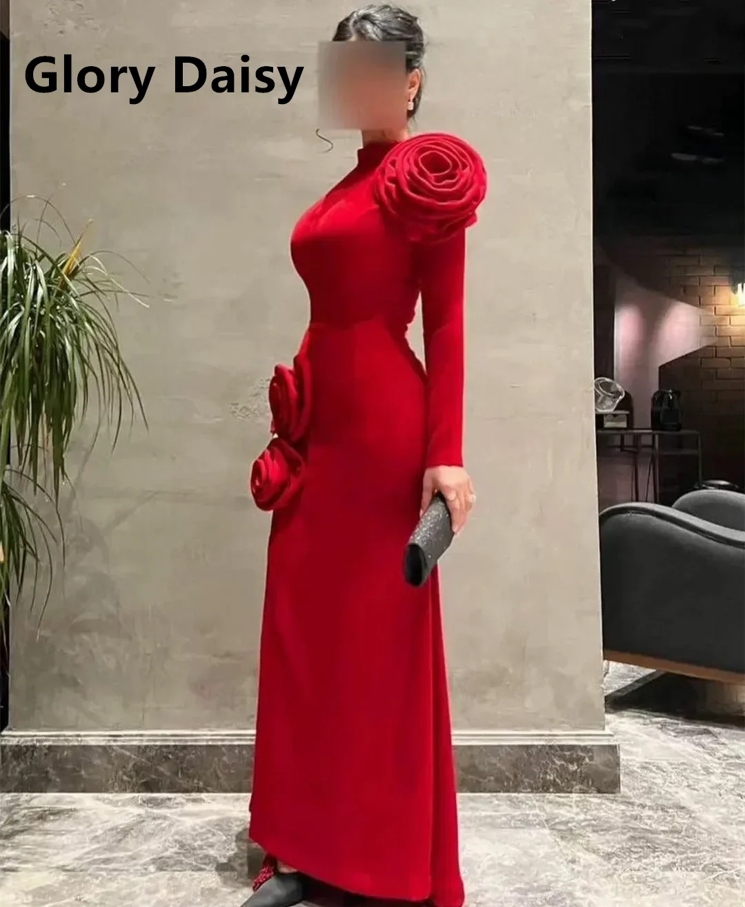 Red Prom Dresses Slit High Neck Hand Flowers Elegant Evening Gowns  Long Sleeve Crepe Formal Occasion Wedding Party Dresses