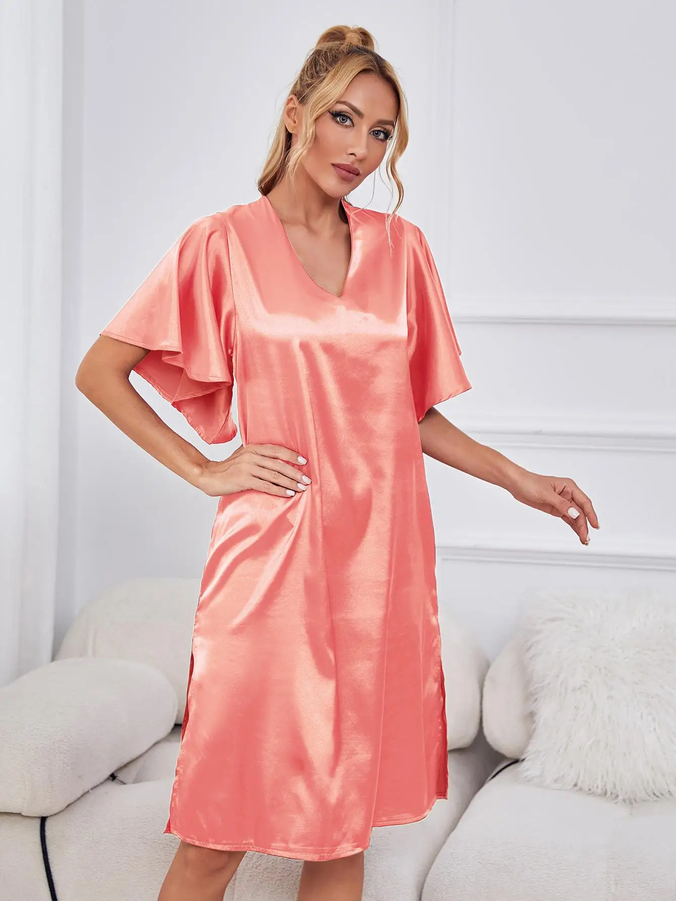 Silk Satin Women Nightgown Side Split Sexy Sleepwear V Neck Homewear Summer Short Sleeve Nightwear Dress Pajamas Underwear Cloth