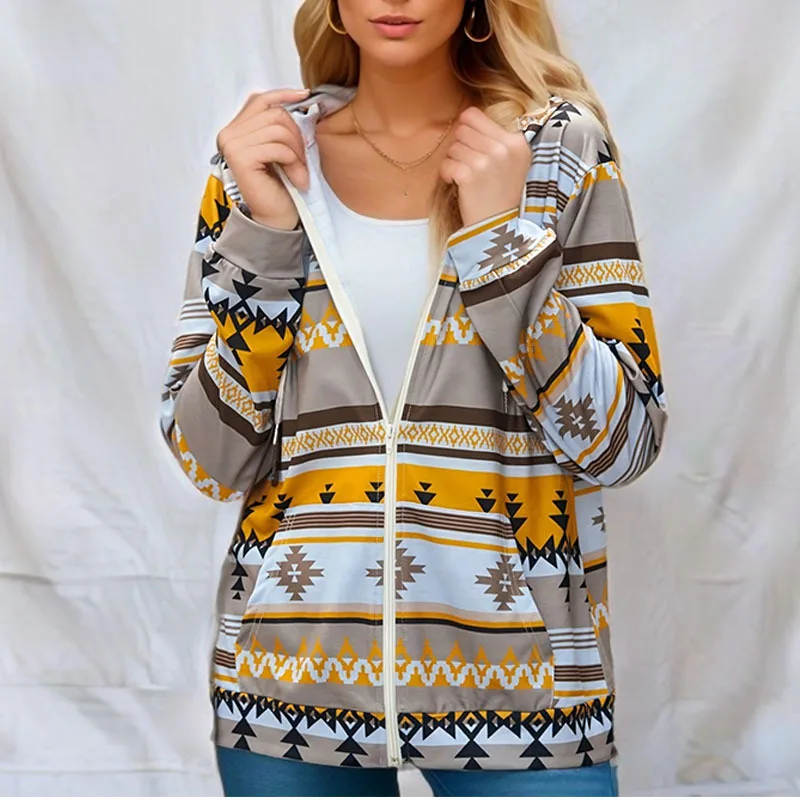 Spring and Autumn New European and American Fashion Casual Geometric Printed Long Sleeve Loose Hooded Pocket Zipper Sweater Card