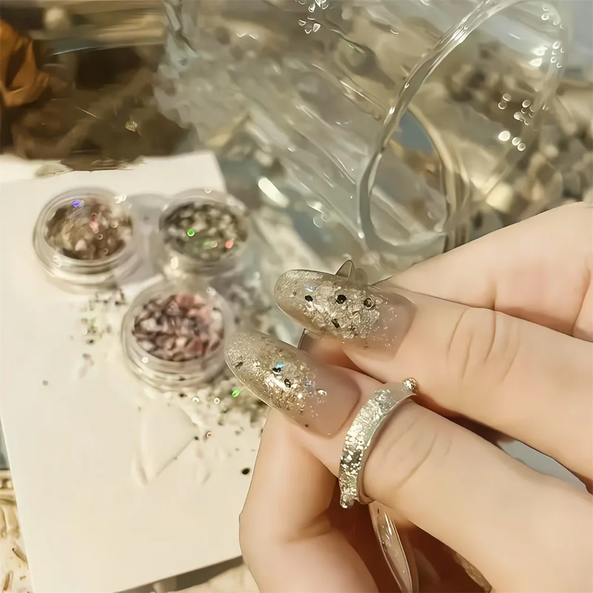 1 pieza de concha de polvo para uñas, lámina de platino, accesorio decorativo, amuleto para uñas, creación artística, fiestas diarias, festivales, estilo japonés coreano