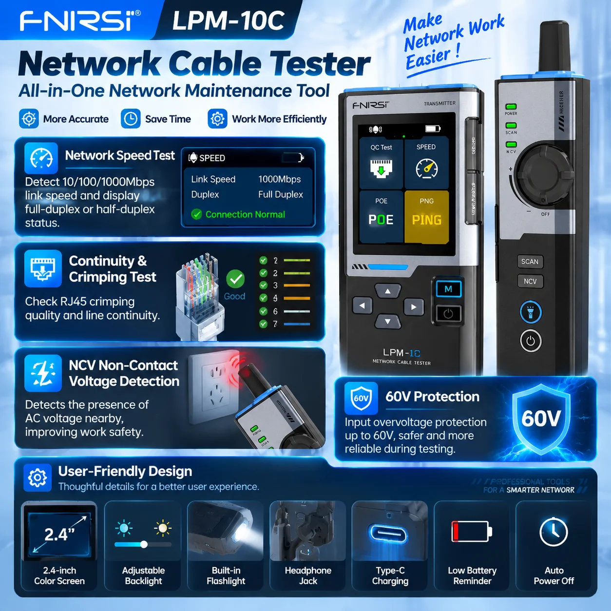 FNIRSI LPM-10C/LPM-10A  LAN Ethernet Cable Tester Toner Wire Tracker IP Scan PING PoE Tester RJ45 Wiremap Length 1Gbps NCV - view 5