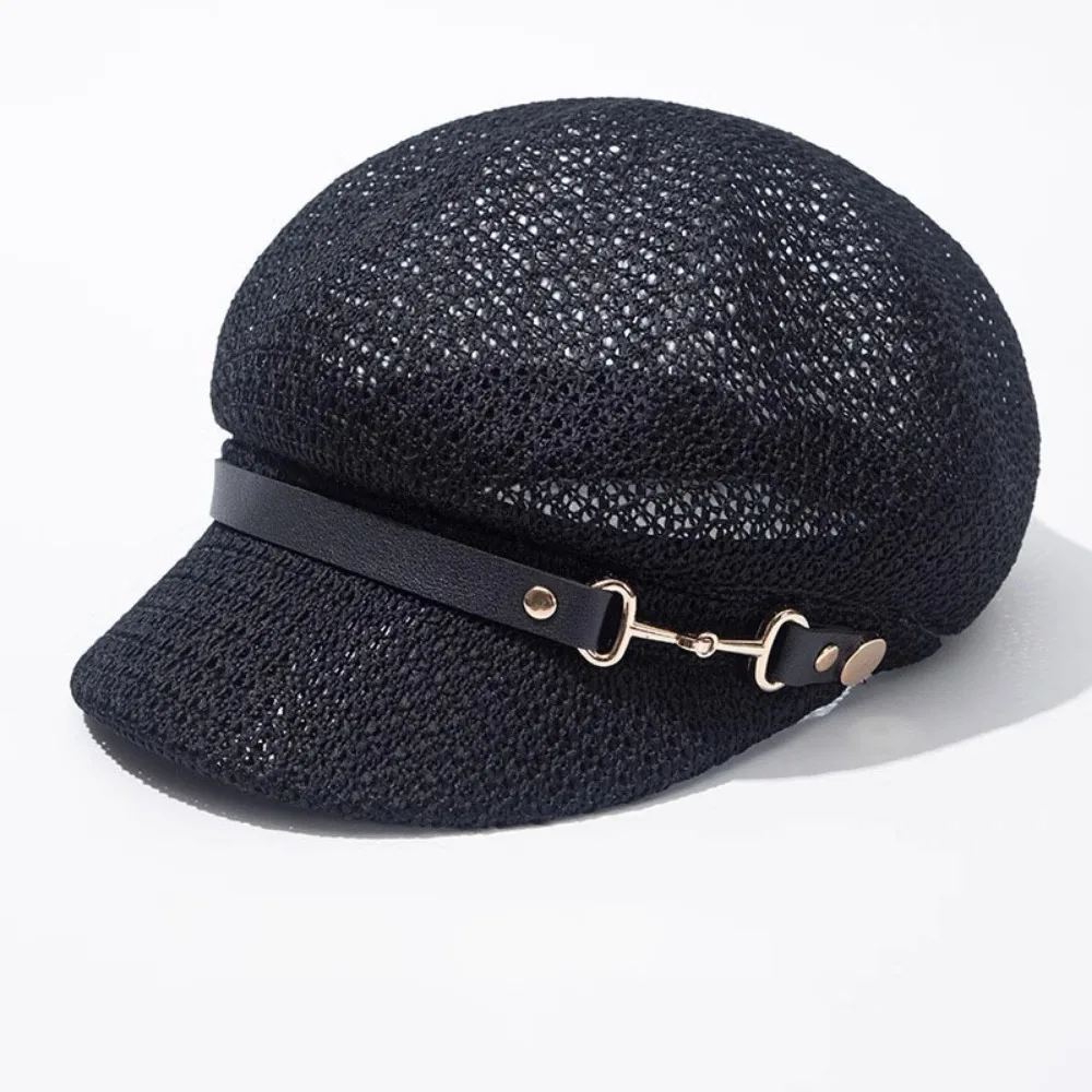 

Versatile Hollow Octagonal Beret Hat Breathable Leather Buckle Beach Straw Hat Spring Summer Painter Hat Sunshade Cap