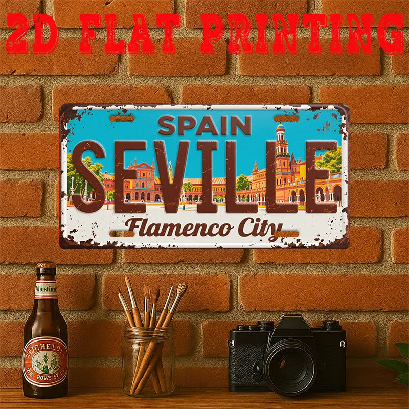 2D Flat - 1pc Vintage Spanish Heritage Metal Tin Sign | Seville & Flamenco City Wall Art with Plaza de España Design