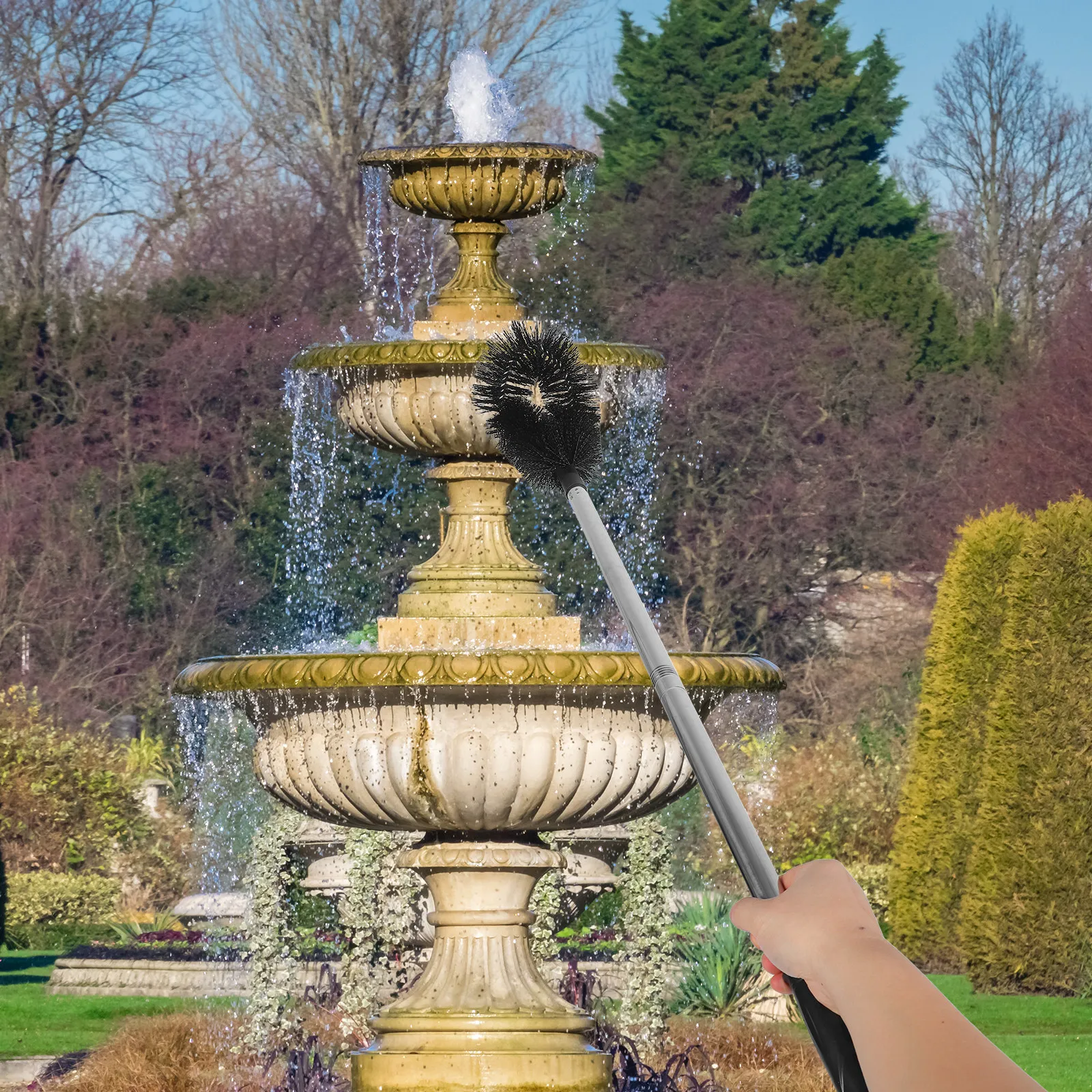 Stainless Steel Outdoor Fountain & Patio Cleaning Brush with Extendable Pole for Gutters, Statues, and Rain Spouts