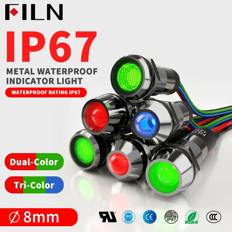FILN 8mm Metal Indicator Light 12V/24V Red Green LED Bi-Color Red Green BlueStorage Signal Light Pilot Light CE UL Certification