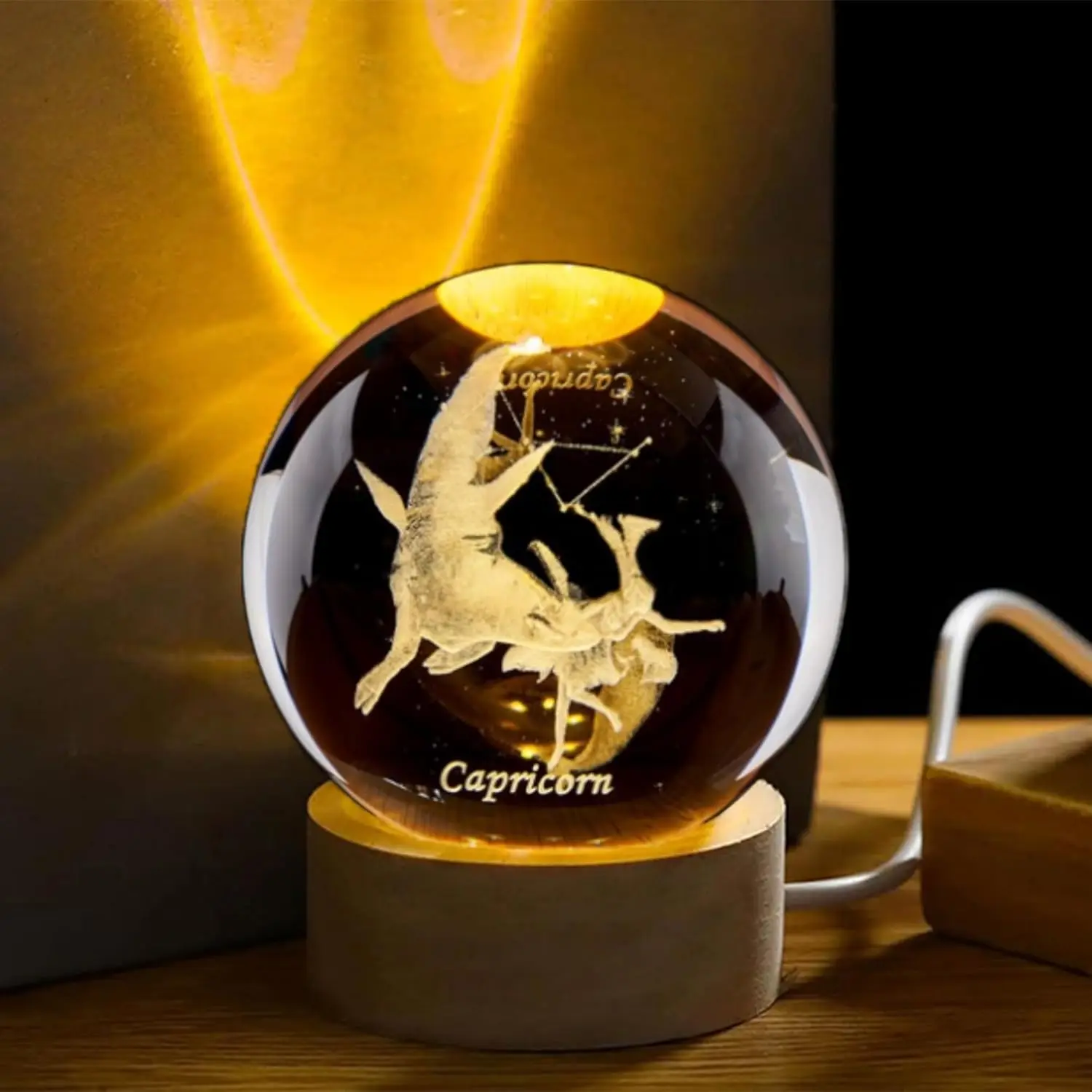 

3D Capricorn Crystal Ball with Wooden Light Base Constellation Glass Sphere Decorative Balls Paperweight Birthday Presents