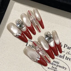 Handmade Press on Nails Long Oval Red French Fake Nails for Women Girl Wearable Large Heart Diamond Design New Year False Nails