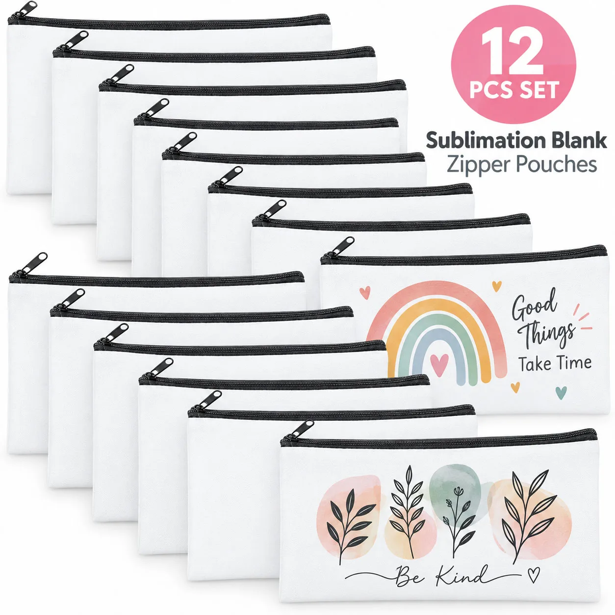 12Pack Sublimation Blank White Canvas Makeup&Pen Pouches Versatile Travel Toiletry Polyester Bags for DIY Crafting
