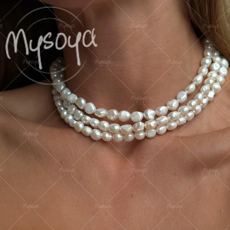 MYSOYA 6-7mm Three-layer White Baroque Freshwater Pearl Necklace, for Birthday/ Wedding/mother's Day/ Father's Day Gift A0861