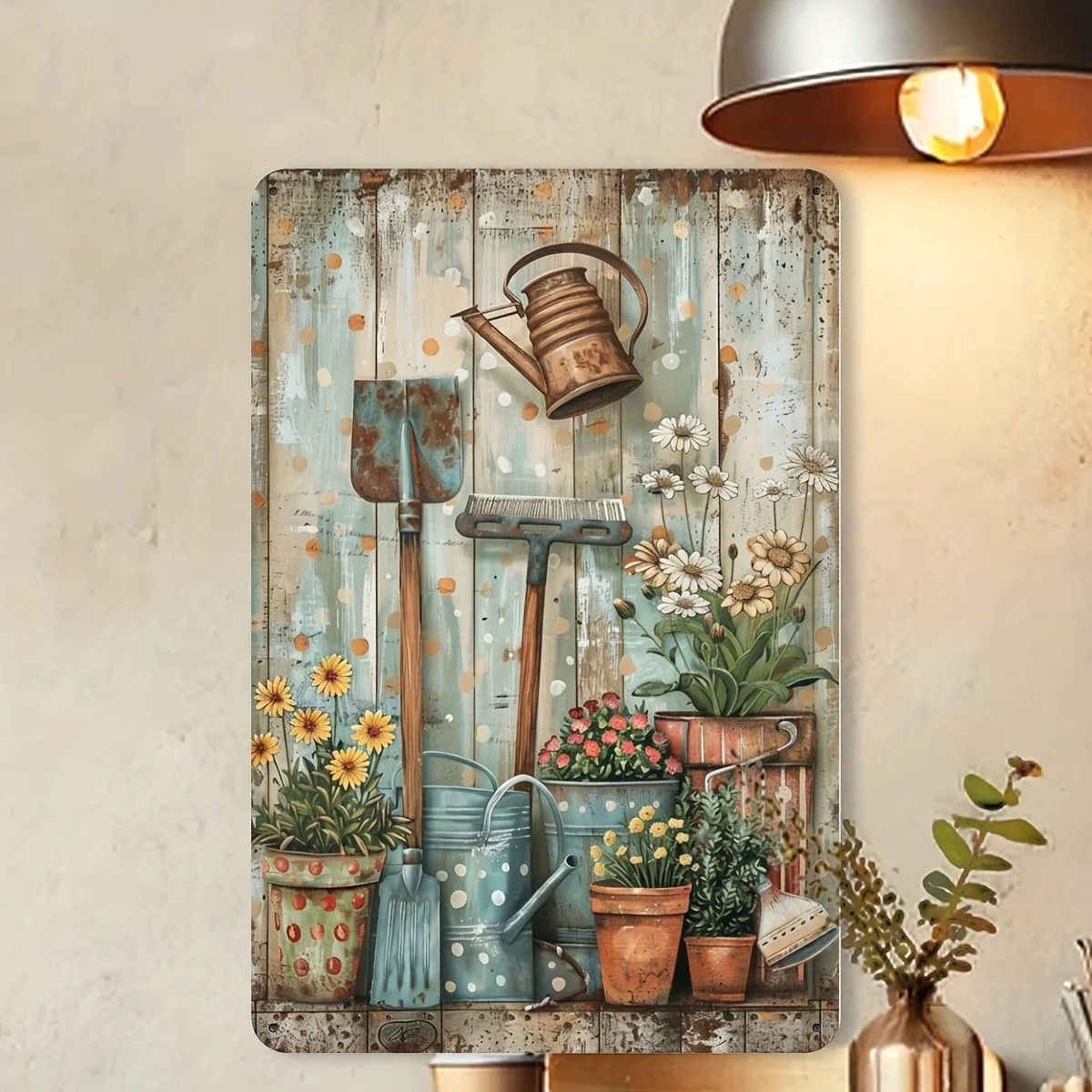 Herramientas de jardinería vintage y plantas en macetas, letrero de metal de estaño, arte de pared colgante de 8x12 pulgadas para decoración del hogar, bar, cafetería, garaje, interior/Ou