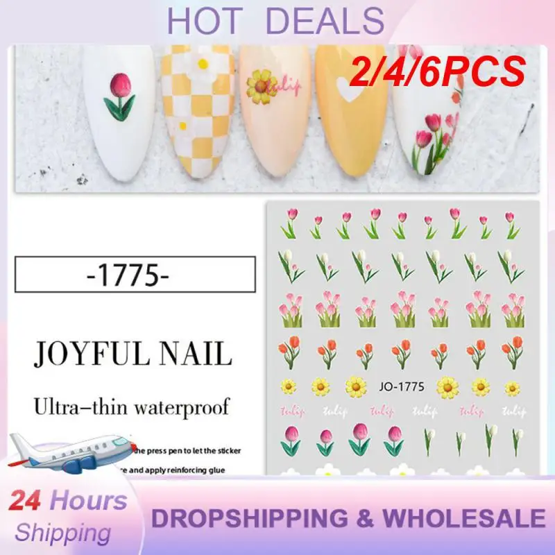 2/4/6PCS Manicure Stickers Skin-friendly 3d Flower Colorful Cute Nail Nail Art Sticker Soft Tulip Nail Art Tool Self-adhesive