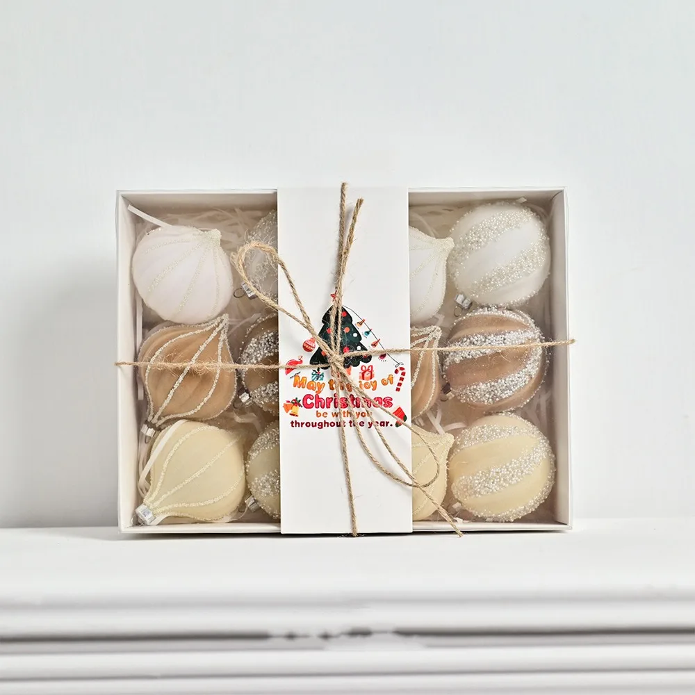 

12pcs 6cm Christmas Hanging Balls Macaron Plastic Flocking Christmas Spheres Pendant Shatterproof Irregular