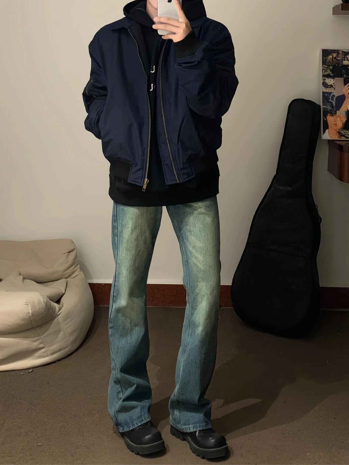 

American Style High Street Straight Leg Jeans Men's Slim Fit Micro Flare Cleanfit Trendy Water Washed Blue Denim Pants