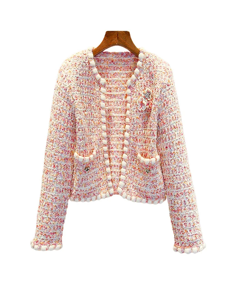 Cappotto cardigan lavorato a maglia dolce floreale per donna in rosa olio sud da donna di fascia alta Faion autunno piccola fraanza Sle