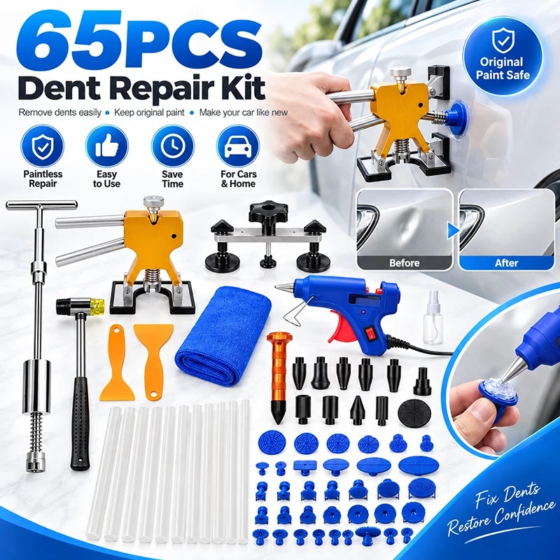 Kit per la rimozione di ammaccature senza verniciatura della carrozzeria, 65 pezzi, strumenti in plastica per la riparazione di ammaccature causate da grandine, set di ventose di diverse dimensioni.