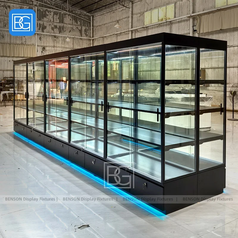 

Витрина-шкаф для розничной торговли с LED-подсветкой, на заказ, с замком, стеклянными полками и отсеками для хранения из закаленного стекла
