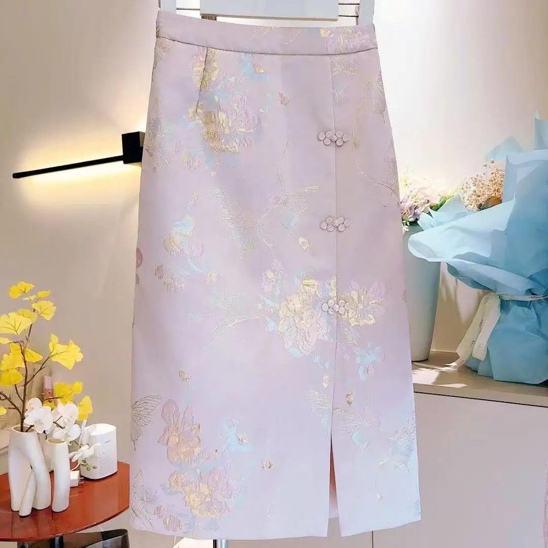 

Autumn Winter New Chinese A-line Beautiful Half Skirt Women High Waist Flower Embroidery Elegant Skirts Sweet Versatile Skirt