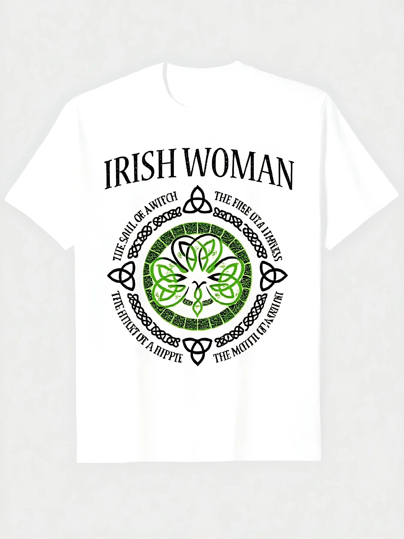 Irish witch soul clover Saint Patrick's Day cotton T-shirt in black, casual short sleeve