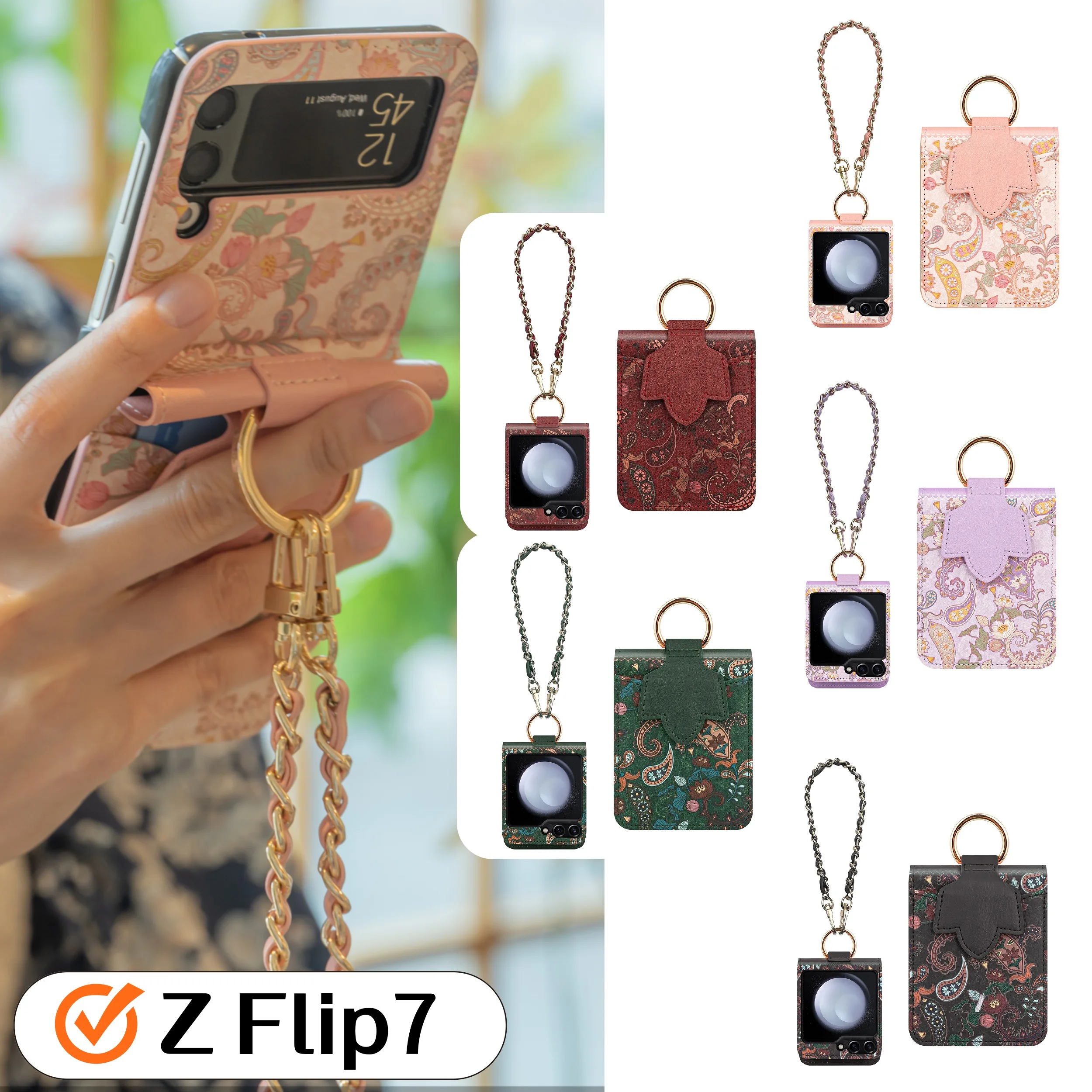 Vintage Paisley PU Leather Flip Case For Samsung Galaxy Z Flip7/8 Hand Chain Ring Holder Foldable Phone Protective Cover Girl