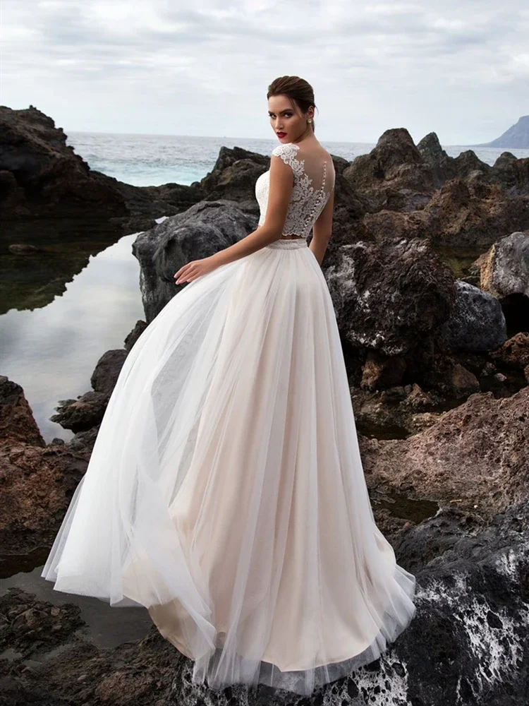 MYYBLE Two Pieces Beach Wedding Gowns Elegant Bridal Dresses Boho Champagne Cap Sleeve Illusion Vestido De Novia Vintage