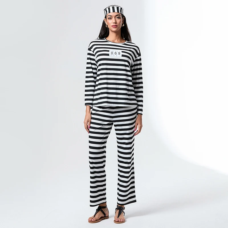 New Women Halloween Prisoner Costume Set Striped Long Sleeve Tops Long Pants Hat Funny Cosplay Clothes Hot Sale S-XL