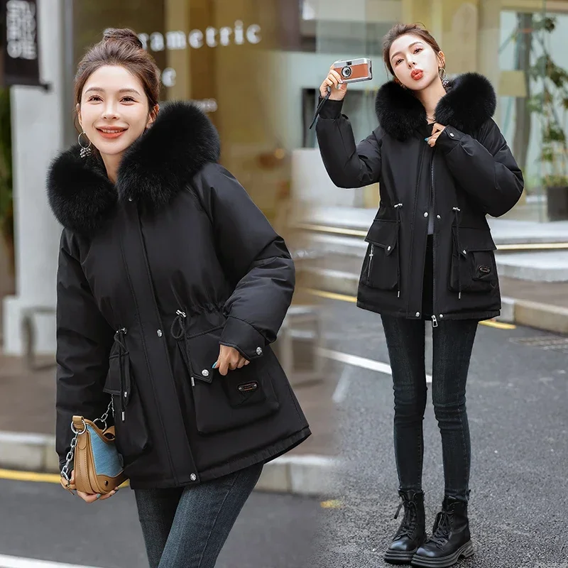 Winter Women Jacket Parka Clothes Loose Coat Wool Liner Hooded Jacket Fur Collar Warm Thick Warm Snow Wear Padded Parka Coat