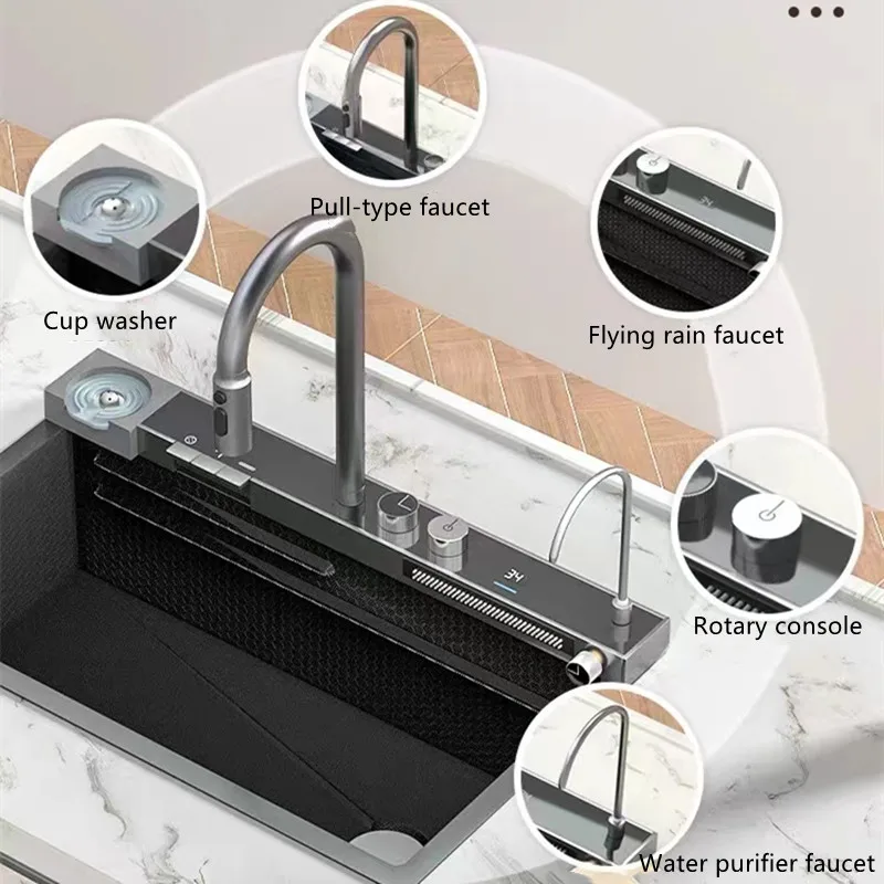 304 Stainless Steel Sink Honeycomb Waterfall Sink Multi-Function Digital Display Integrated Sink Embossing Large Size Sink