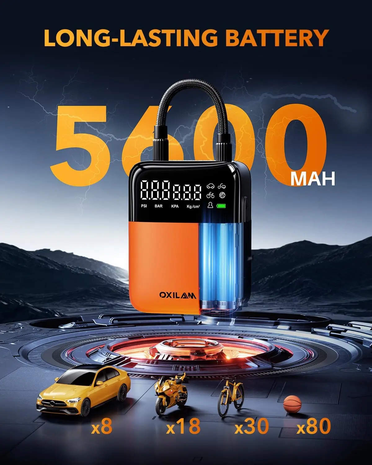 Portable Air Compressor for Car Tires - 150PSI Cordless Pump with Gauge, Fast Inflation for Motorcycle, Bike, Ball