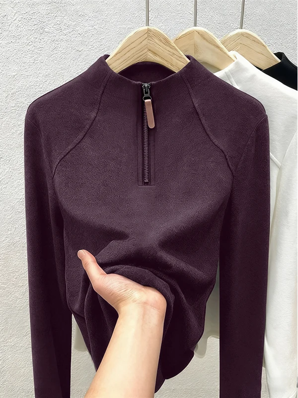 Long Sve Zipper T-irt Women's Loose Fit Korean Sle Comfortable Soft Polyester Casual Wear All Seasons Basic Top