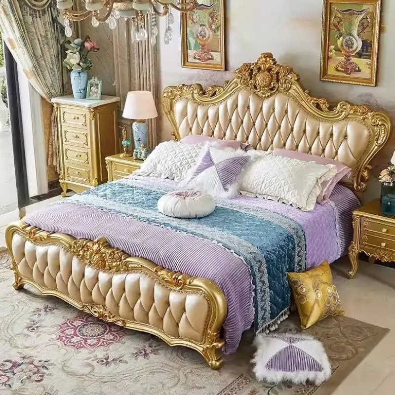 

Gold Custom Double Bed European Leather Carved Girls Modern Bedroom Bed Luxury 180X200 Cm Villa Cama Casal Bedroom Furniture