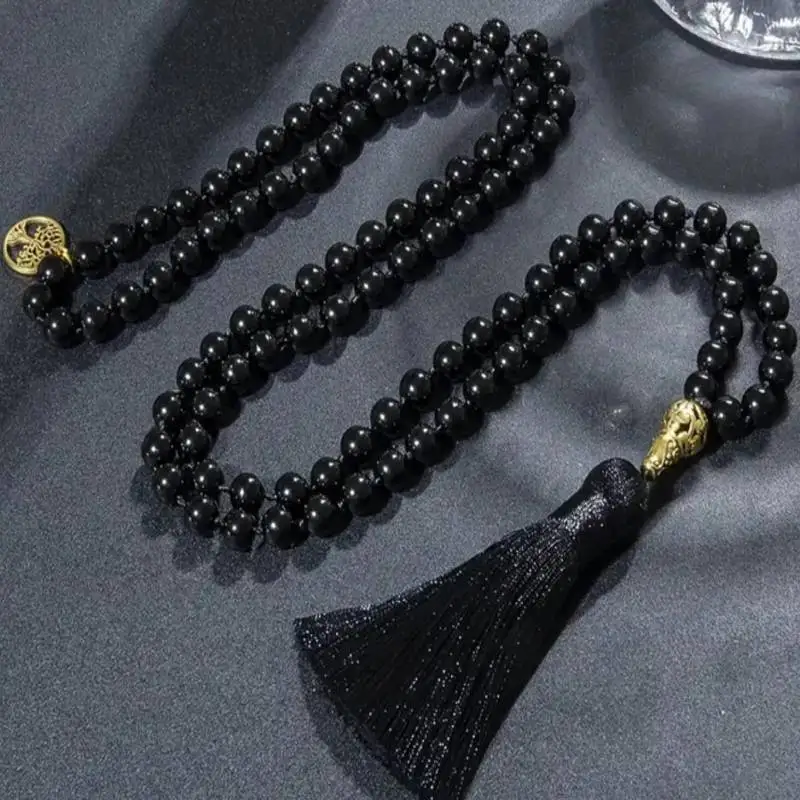 

Natural Black Obsidian 108 Beads Mala Necklace with Tree of Life Pendant & Black Tassel Spiritual Jewelry