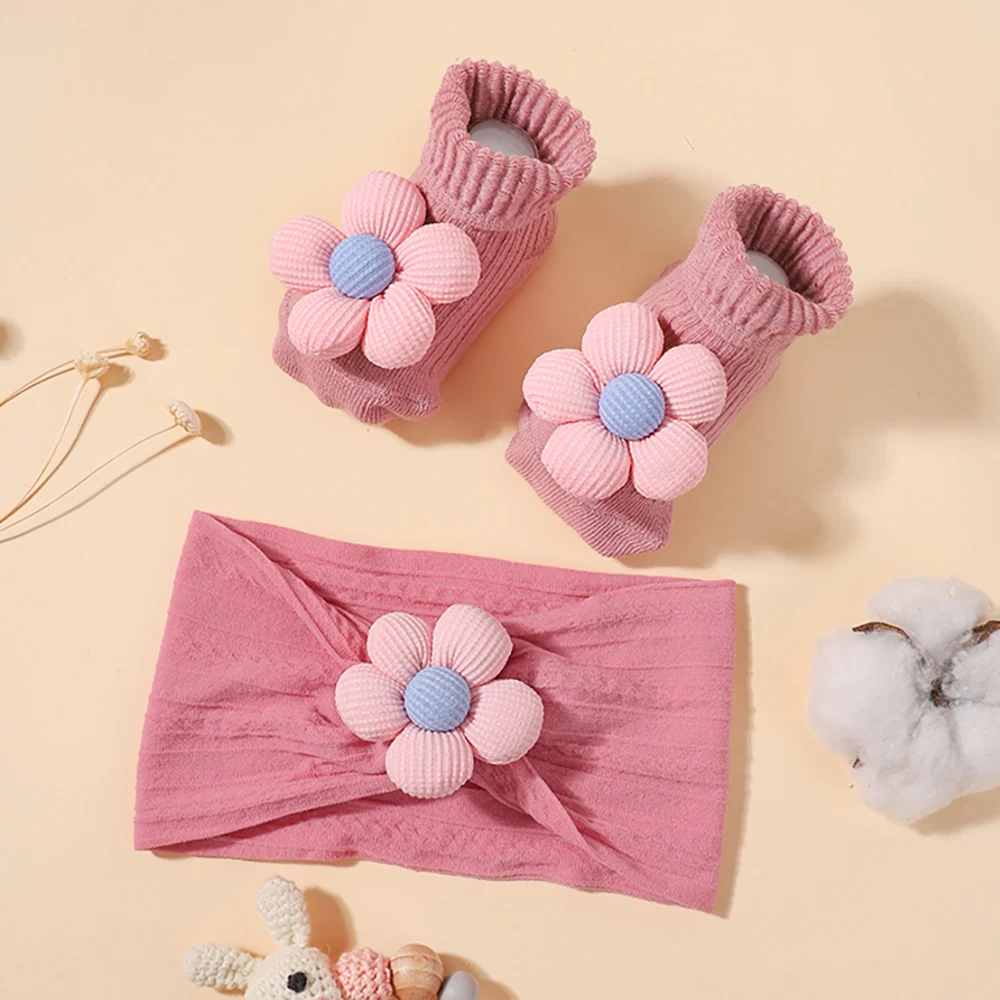 Pink Flower Baby Headband Socks Set Soft Nylon Hairband for Newborn Girl Elastic Turban Sock Infant Headwear Hair Accessories