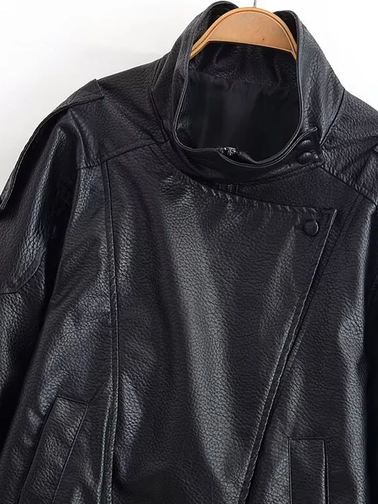 디이지 여성 2025 가을 신상 패션 인조 가죽 재킷 시크한 지퍼 조커 라펠 긴팔 재킷 아우터웨어 여성용