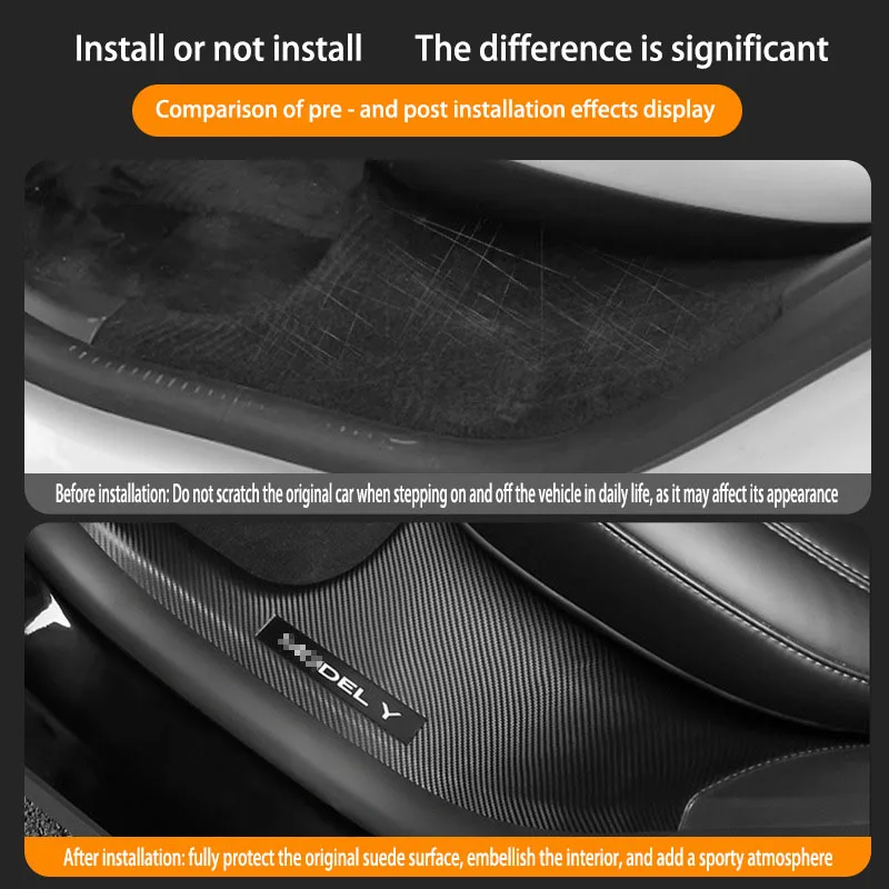 Front Rear Door Sill Guards For Tesla Model Y Carbon Fibre ABS Inner Protector Plate Cover Trim Car Anti-Dirty Bumper Kick Pad