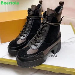 Thick Sole Lace-up Luxury Boots For Female Women 2024 New Round Toe Square Heel Ankle High Mixed Colors Fashion Casual Shoes