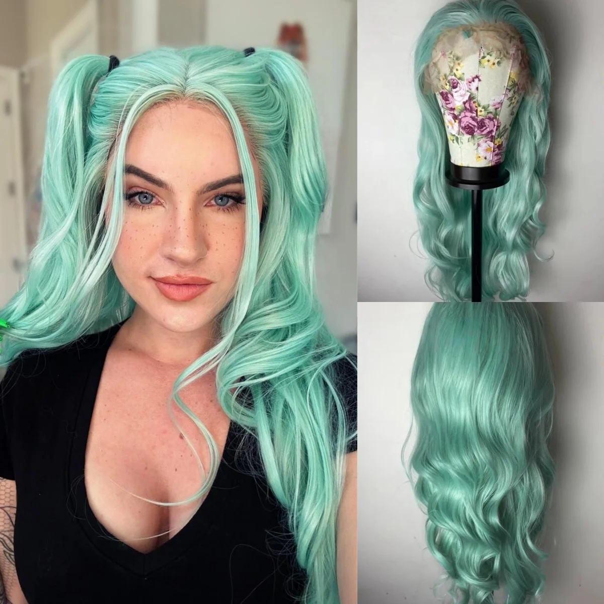 

Mint Green Wig 13x4 HD Long Body Wave Lace Front Wig 13x4 Glueless Preplucked Synthetic Heat Resistant Hair Soft Cosplay On Sale